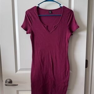 Burgundy Ribbed Short Sleeve Dress